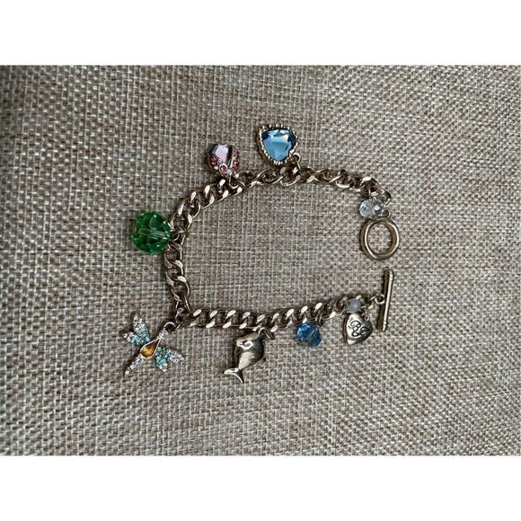 BETSEY JOHNSON CHARM BRACELET GREEN BLUE HEART CRYSTAL DRAGONFLY BUG FISH SUMMER - Picture 6 of 7